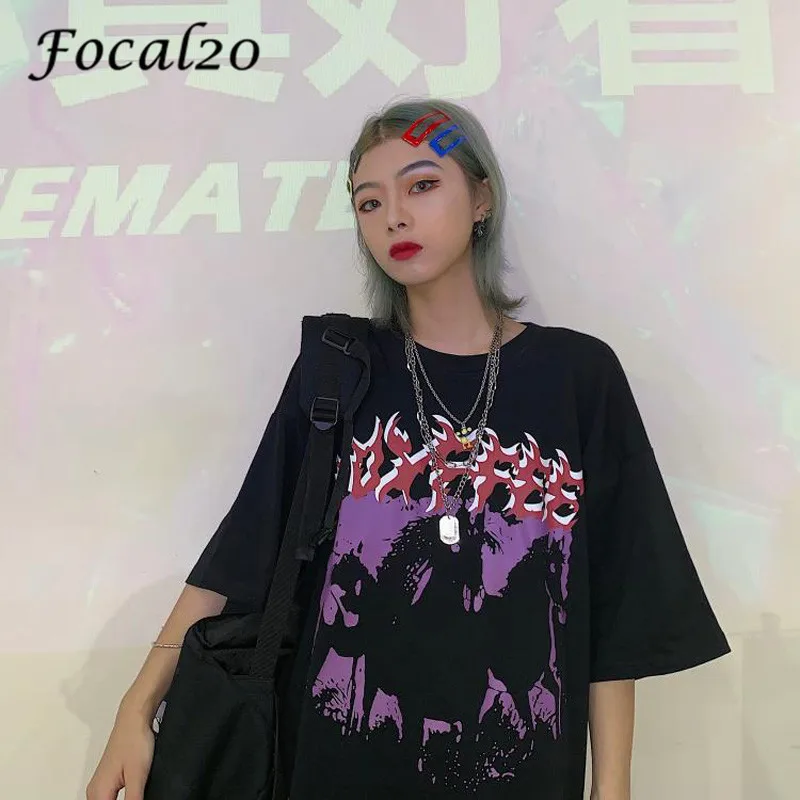 

Focal20 Streetwear Letter Horse Print Women Top Tees T Shirts Short Sleeve Loose Crew Neck Summer Spring Female Top Tees