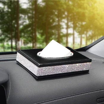 

Black Leather Car Tissue Box with White Crystals for Dashboard Armrest Universal for BMW Benz VW Honda Audi