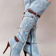 Высокое качество Для женщин модные острый носок синие джинсы Сапоги выше колен(ботфорты), из кусков, длинные, с высоким каблуком; джинсовые ботинки мотоботы