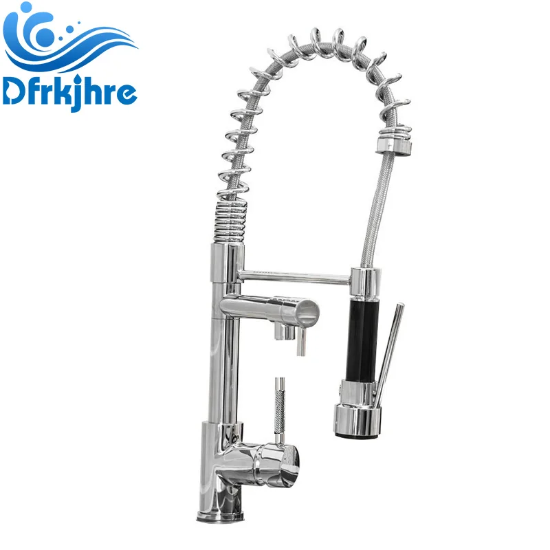 

Polished Chrome Spring Pull Down Kitchen Faucet Swivel Two Spouts Hot and Cold Kitchen Mixer Taps Deck Mounted