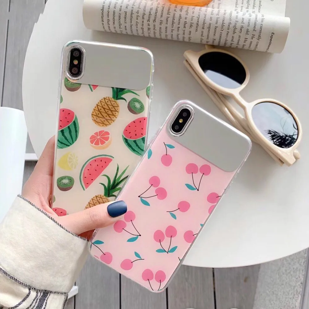 

Summer Fruit Mirror Soft Case For iPhoneX XR XS Pineapple Colorful Cherry Makeup Mirror Phone Case For iPhone7 8 6S Phone Case