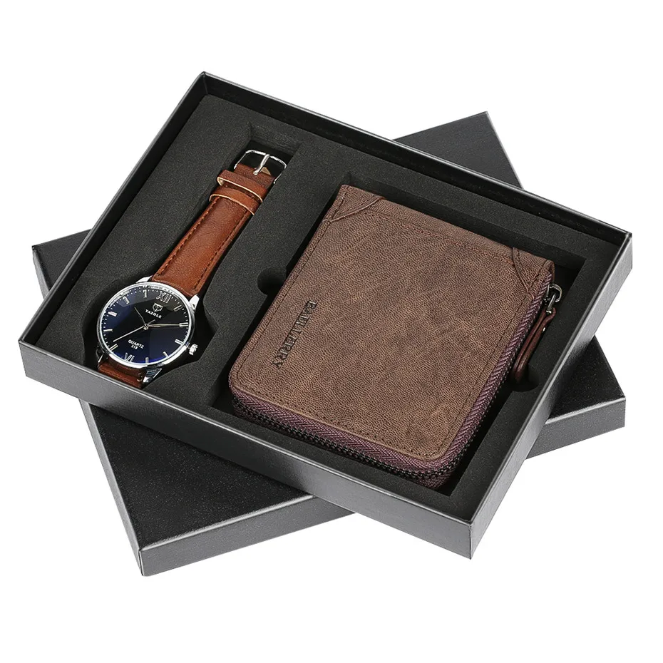 

Top Luxury Mens Watch Gift Set Box with Vintage Wallet Zipper Pouch Coin Pocket Purse Cowhide Leather Wallets Clock Male Relogio