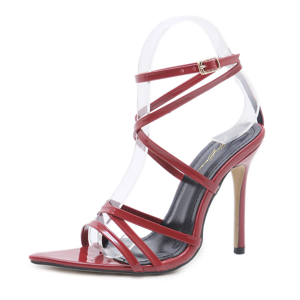

VOGELLIA New Fashionable Sexy Design Women Band Style Buckle Thin High Heels Black Leather Peep Toe Party Dress Sandals