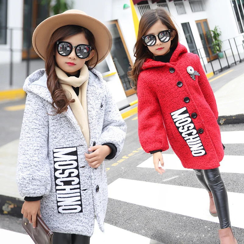 

2016 Girls Winter Coat Children Clothing Girls Wool Coat Fashion Cartoon Bear High-end Woolen Blends Long Coat Kids Age 3-12T