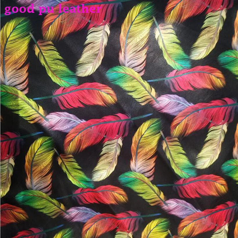 

Good PU Leather Colored feathers Print Faux Leather Fabric Soft Synthetic Leather Fabric Sewing Diy Clothing Pants Dress
