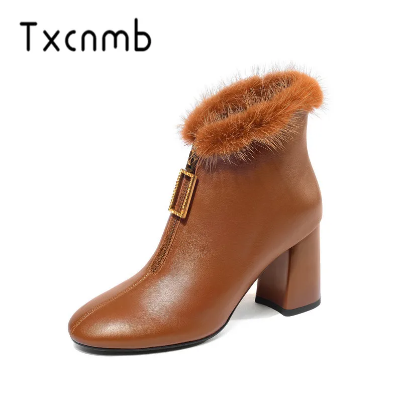 

TXCNMB Fashion Boots Women Ankle Boots Genuine Leather Autumn Winter Fur Chelsea Boots Zipper High Heels Party Shoes Woman