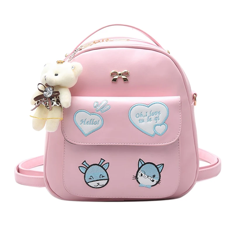 

Korean version Japanese fashion Leisure cute cartoo embroidery cat Wild Small fresh pink bag Cartoon travel woman PU backpack