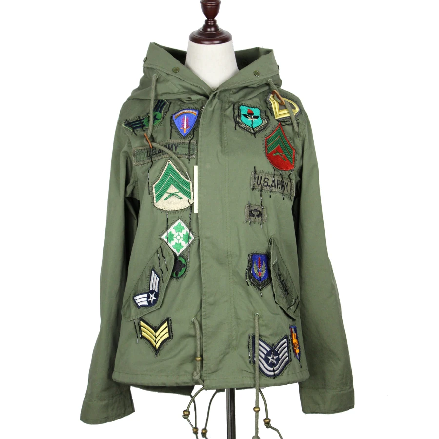 2016 spring jacket women new Army Green embroidery badge Hooded