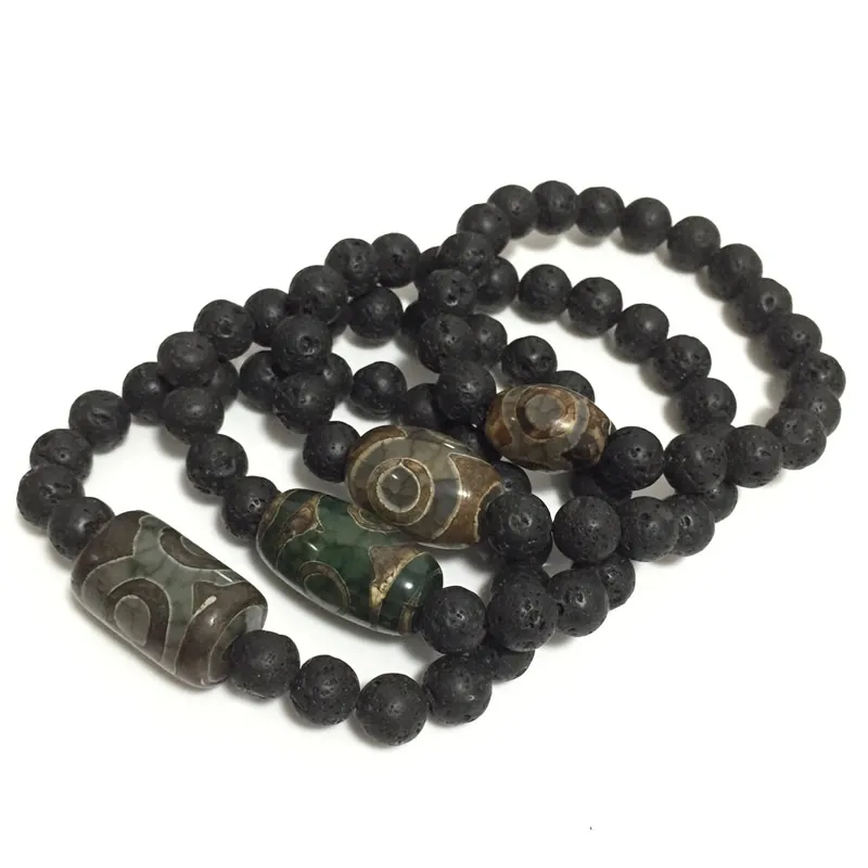 Энергетический камень лавы натуральный Тибетский дзи браслеты из агата винтажная черная лава бисерные ювелирные изделия Три глаза браслеты из агата для мужчин