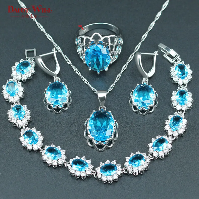 

Wedding Sky Blue Crystal Silver 925 Jewelry Sets Women Perfect Earrings Pendant Necklace Bracelets Rings Set Jewelry Gift Box