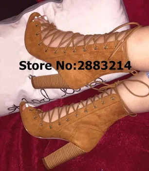 

Block Heels Tie Up Cut-outs Gladiator Sandal Boots Brown Gray Black Suede Women Rome Style High Heels Ankle Booties Shoes Woman