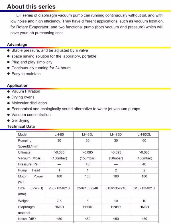 Lh-85dl 60L/мин 180 Вт 2 м oilless небольшой лаборатории Применение диафрагма вакуумный насос для реактора
