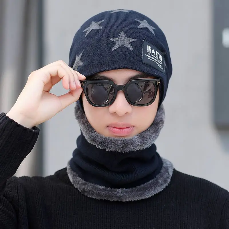 Printed Star Men's Winter hat and Scarf Set Skullies Beains Cotton Thick Winter Warm Hat Ring Scarf Female Hats Men - Color: navy