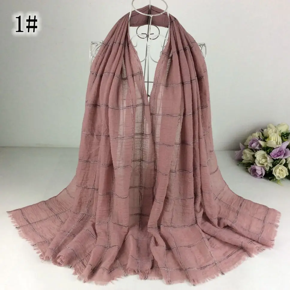 

Soft Cotton Feel Plaid Embroidery Plain Fringe Long Women Shawls And Scarves Muslim Hijabs 10pcs/lot