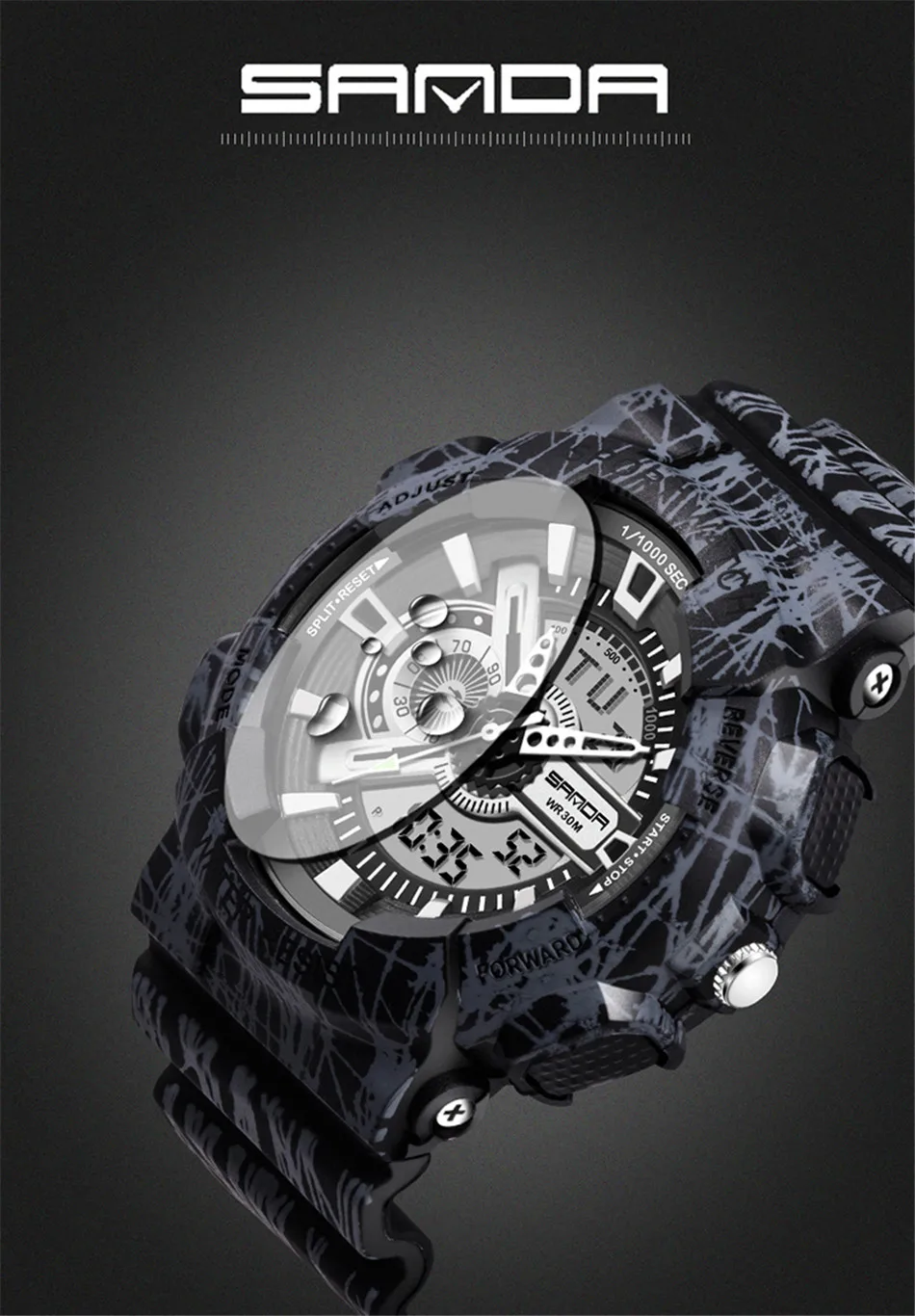 Кварцевые цифровые камуфляжные часы для мужчин с двойным временем мужские спортивные часы SANDA S Shock Военные армейские Reloj Hombre светодиодный наручные часы