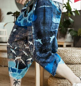 Китайский Стиль льняные обрезанные брюки мужские шорты с вышивкой летние свободные - Цвет: Crane