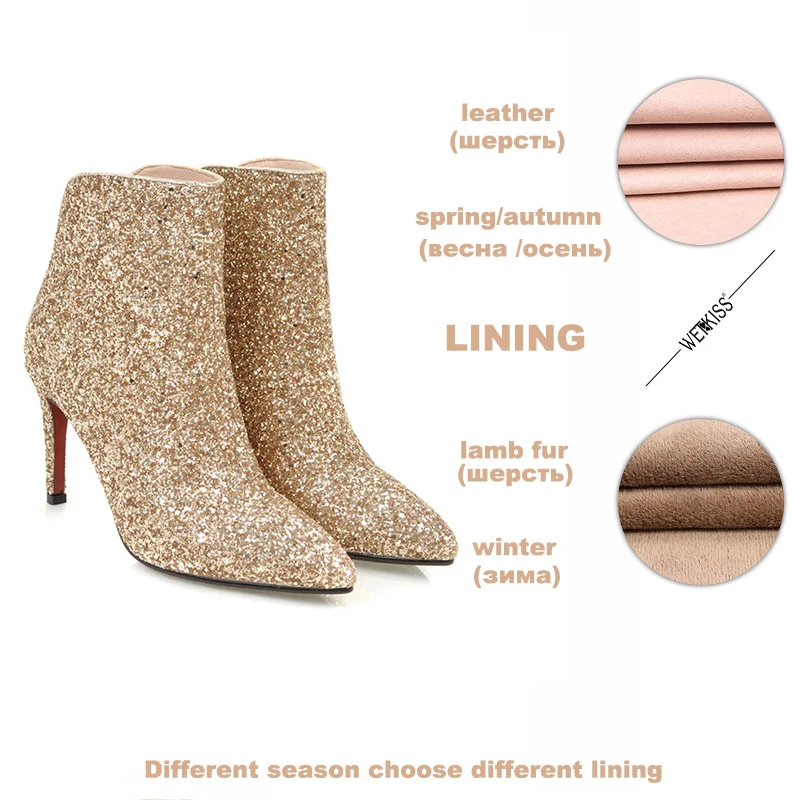 Skup WETKISS 2020 Bling cekinowe buty obuwie damskie duże rozmiary damskie szpilki botki szpiczasty nosek zamek moda złote buty