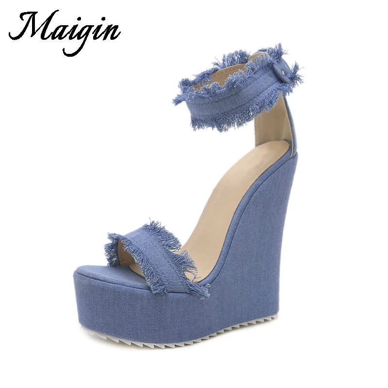 Maigin Summer Navy Blue Denim Wedge Shoes Women Peep Toe High Heels Platform Sandals 2018 Newest Fashion Casual Female Shoes