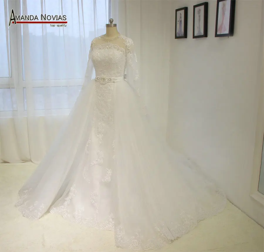 Кружевные свадебные платья с длинным рукавом и съемным шлейфом NS1353|lace wedding