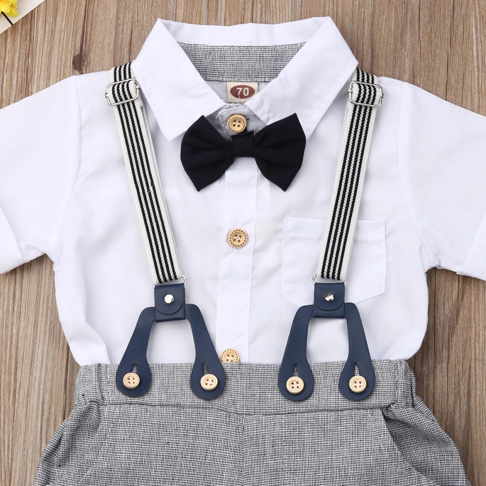 Baby Boy Clothes Sets Formal Suits Party Gentlemen Boy 2Pcs Short Sleeve Bow Tie Bodysuit Tops Bib Shorts Baby Boy Outfits 0-24M