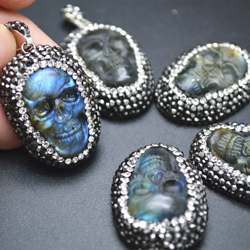

Natural Labradorite Carved Skull Stone Pendant Paved Crystal Beads on Side Fit Necklace Making 5PC/Lot