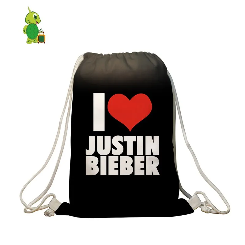 Женский и мужской рюкзак I Love Justin Bieber с кулиской для мальчиков девочек подростков