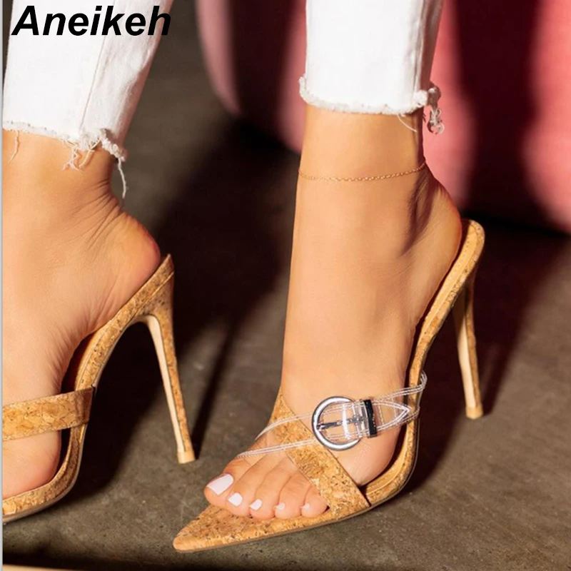 

Aneikeh PVC Transparent Slippers Cross Strap Pointed Toe Buckle Decoration Sexy Wood Grain High Heels Slides Flip Flops Pumps