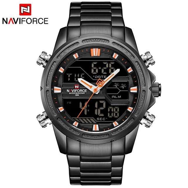 NAVIFORCE Топ люксовый бренд Мужские Цифровые Аналоговые военные золотые стальные часы модные спортивные водонепроницаемые часы Relogio Masculino - Цвет: Black Orange