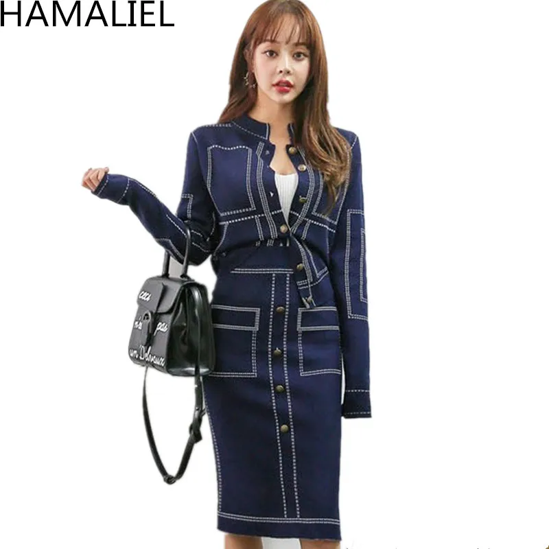 

HAMALIEL Fashion 2 Piece Set Autumn Winter Women Blue Patchwork Knitting Single Breasted Cardigan Coat + Elastic Pencil Suits