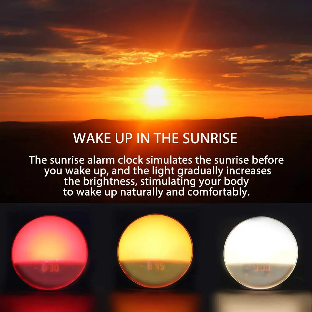 Wake-Up Light, Lbell будильник 8 цветная функция Sunrise Simulation& Sleep Aid, двойной будильник с fm-радио, 7 натуральный