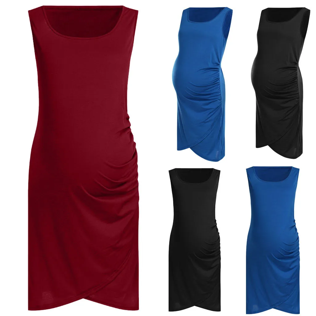 Vetement femme 2019, женское платье с круглым вырезом для беременных, Одежда для беременных, платье без рукавов, летнее однотонное платье с оборками