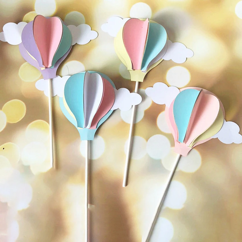 

3D Hot Air Ballon Cake Decoration Insert Card Creative Colored Cloud Birthday/Wedding Cake Toppers Decor Baking Supplies