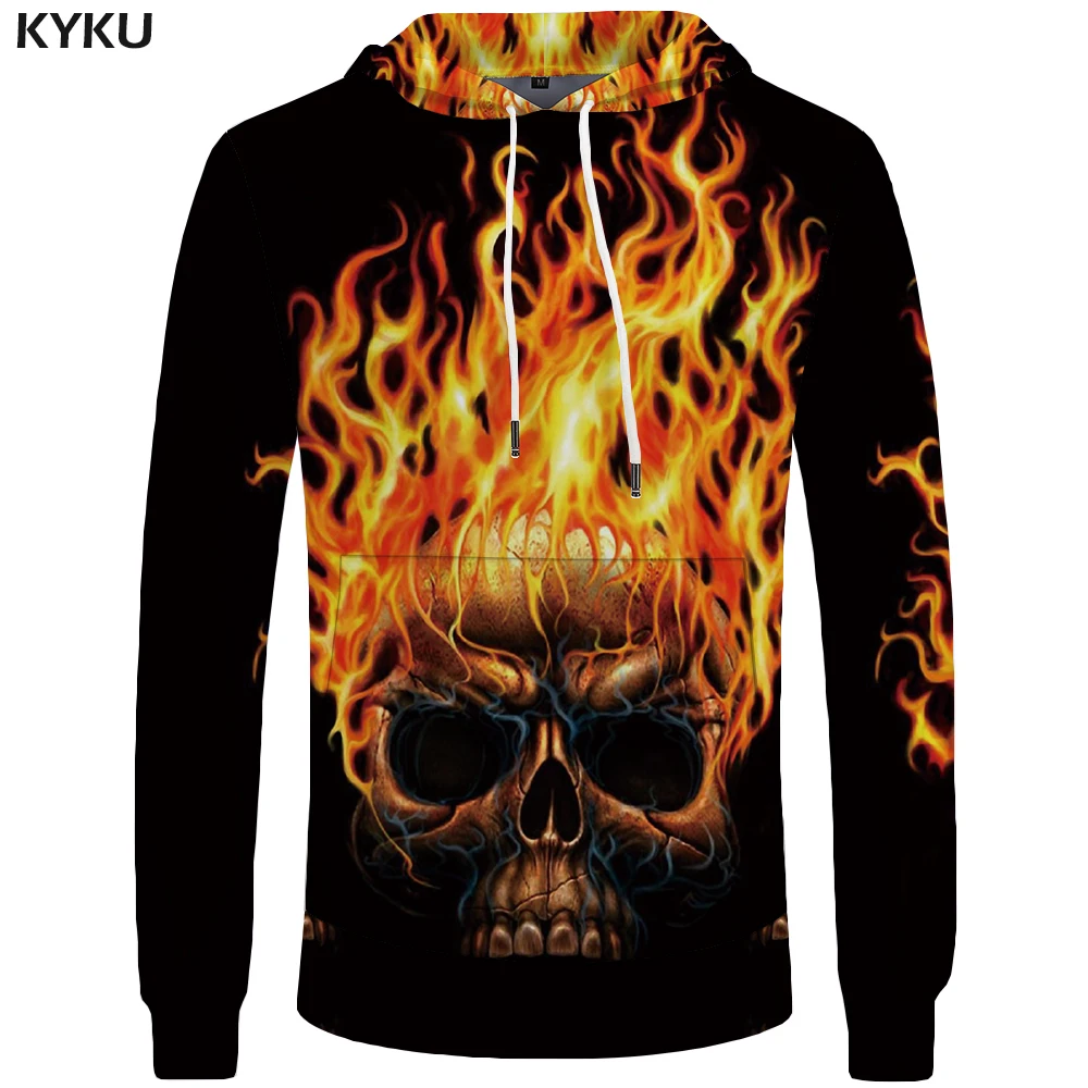 KYKU Brand Skull Hoodies Men Flame Mens Clothing Gothic Long Black Hood ...