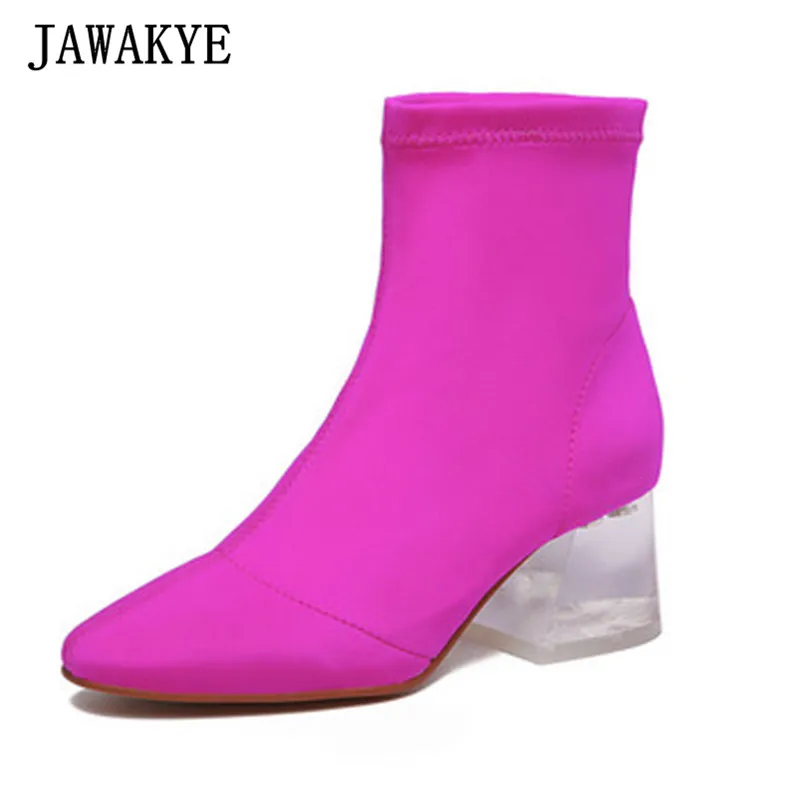 

JAWAKYE designer Ankle Boots for women rose black transparent PVC clear middle Heels short botas mujer stretch sock shoes