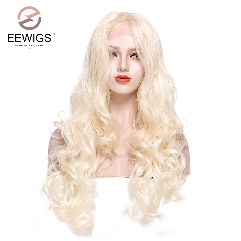

Synthetic Front Lace Wig Body Wave Gold White Color Wigs Long Free Parting Blonde Wig Natural Wave Women's Wig for Drag Queen