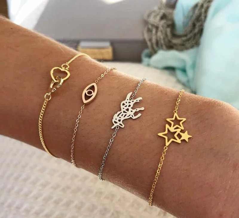 

4 Pcs/set Retro Unicorn Evil Eye Stars Heart Circle Hollow Bracelets Multilayer Cuff Bracelet Bangle Set Boho Jewelry Wholesale