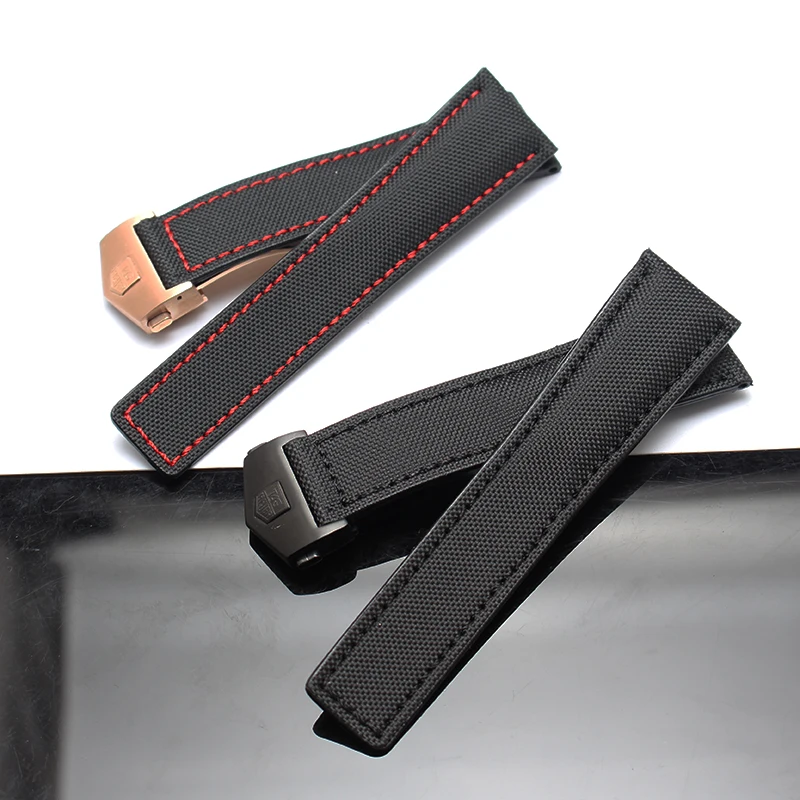 ФОТО New Druable Nylon Watchbands 22mm watch bracelets Watch Strap Band Divers watch accesssories with red stitch rosegold buckle
