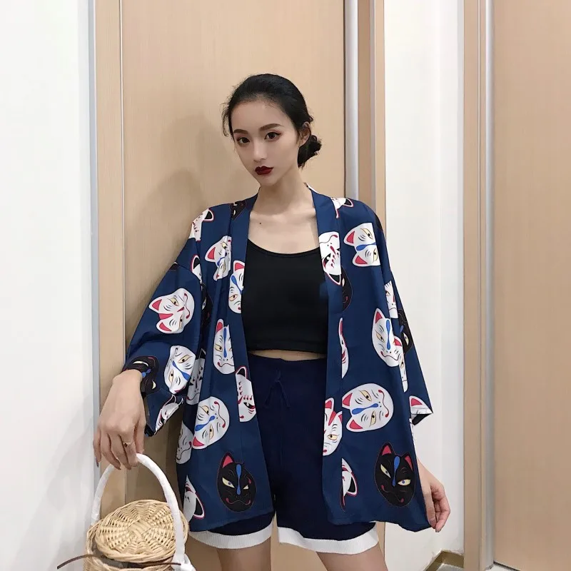 

Cute Cartoon Cat Print Loose Oversized Women Thin Outwear Summer Top Shirt Streetwear Korean Sweet Blouse Kimono Windbreaker