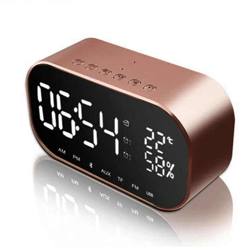 New LED Alarm Clock With FM Radio Wireless Bluetooth Speaker Support Aux TF USB Music Player Wireless For Office Bedroom - Color: rose gold