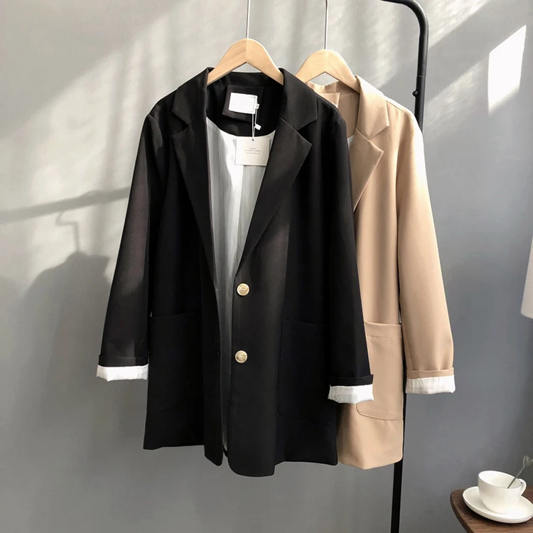Женское осеннее пальто с отложным воротником блейзер Feminino женское длинное пальто Casaco Feminino Топы для женщин элегантное пальто верхняя одежда - Цвет: Черный