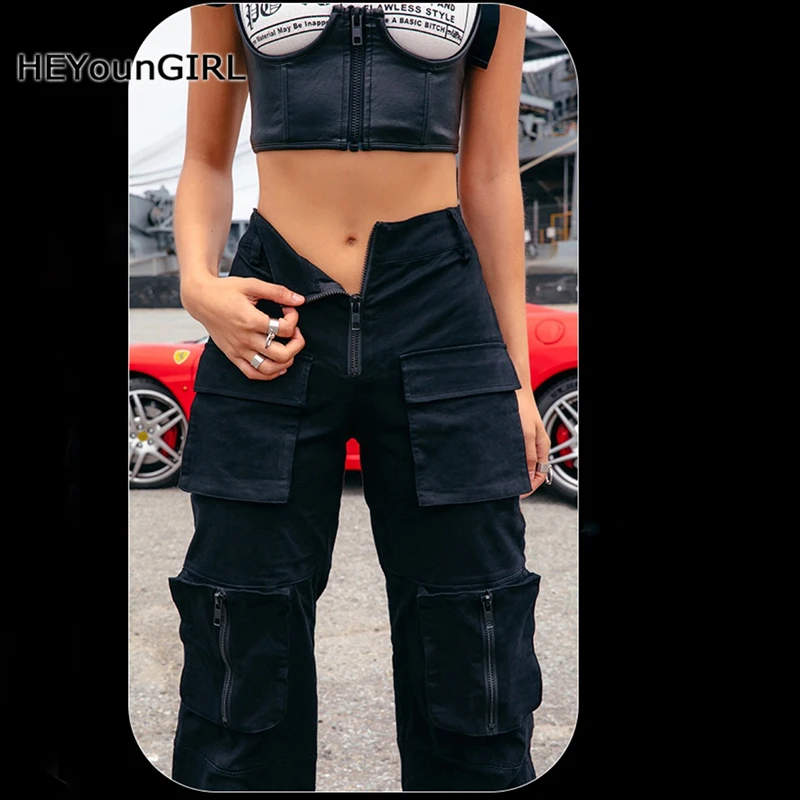 HEYounGIRL Harajuku Punk Black Cargo Pants Women High Waist Harem Pants Capri Casual Ladies Trousers Cotton Pockets Streetwear HEYounGIRL Harajuku Punk Black Cargo Pants Women High Waist Harem Pants Capri Casual Ladies Trousers Cotton Pockets Streetwear
