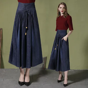 

Plus Size 6XL Autumn Winter Denim Skirts Women Skirts Vintage High Waist Pleated Maxi Jeans Skirt New Streetwear Saia Femininas