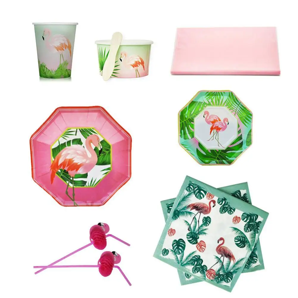 

Unique Design Flamingo Theme Wedding Birthday Party Disposable Tableware Sets Disposable Paper Plates Cups Straws Party Decor