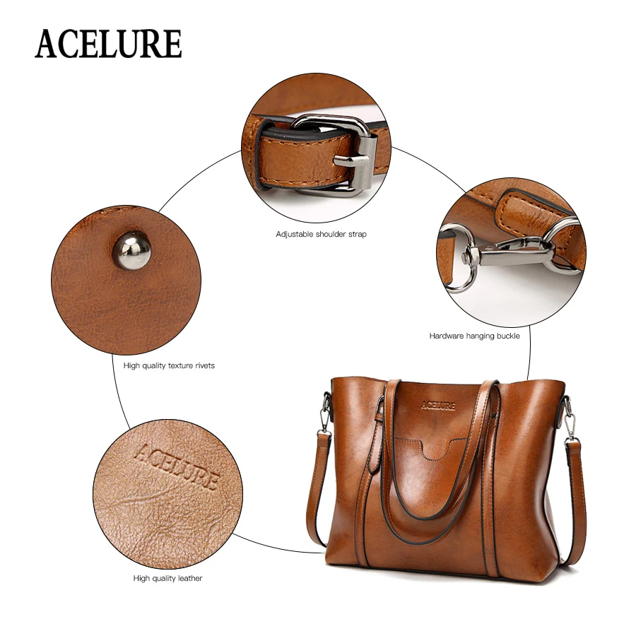  ACELURE Vintage PU Oil Wax Leather Handbag Luxury Lady Shoulder Bag With Purse Pocket Women Messeng - 32861912786