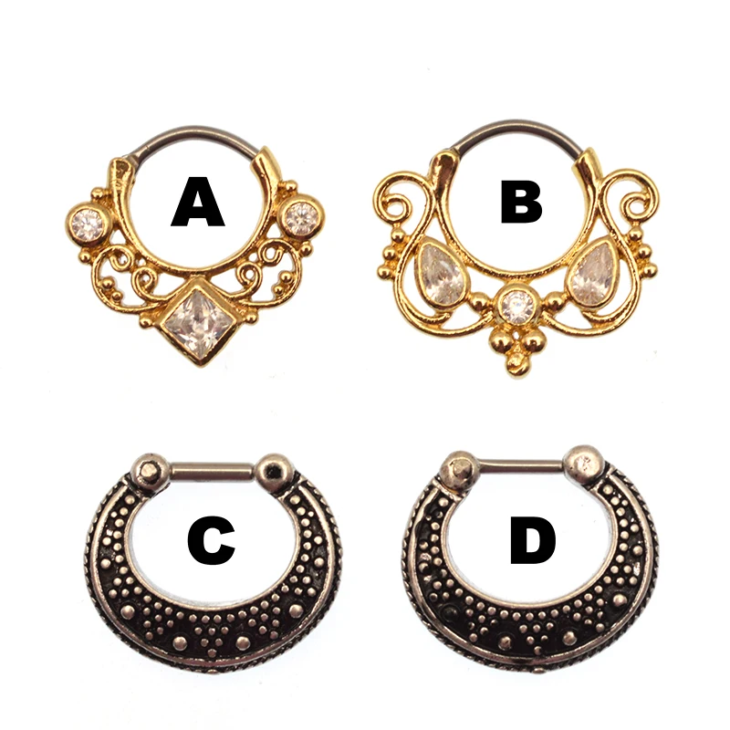 16g Hanger Rhodium Plated Brass Septum Clickers with Cubic CZ India Nose Ring