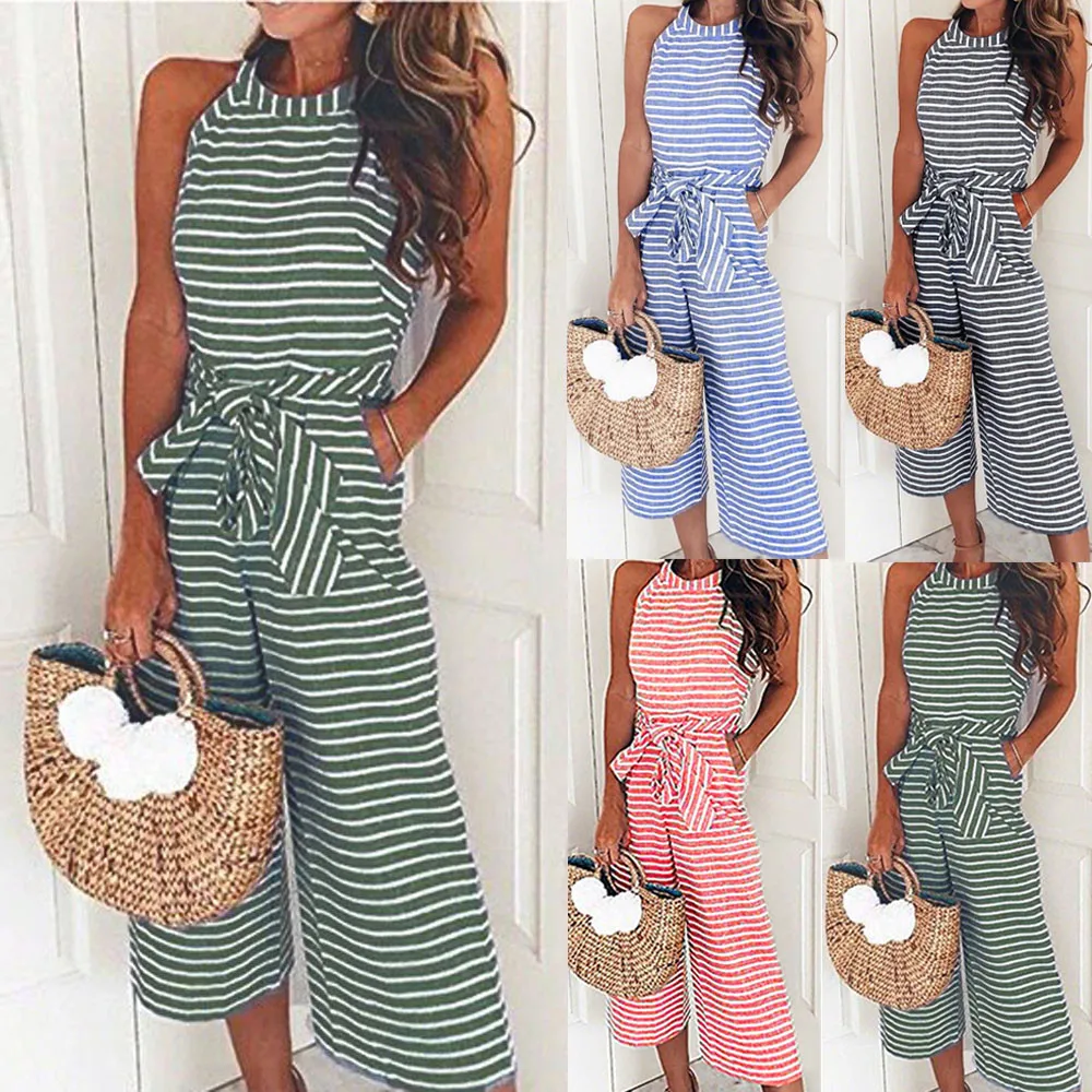 Linen Jumpsuit for women 2018 Striped Bow belt Sleeveless High Waist Long Wide Leg Jumpsuits Fashion Ladies OL Sexy Rompers Jumpsuits and Playsuits