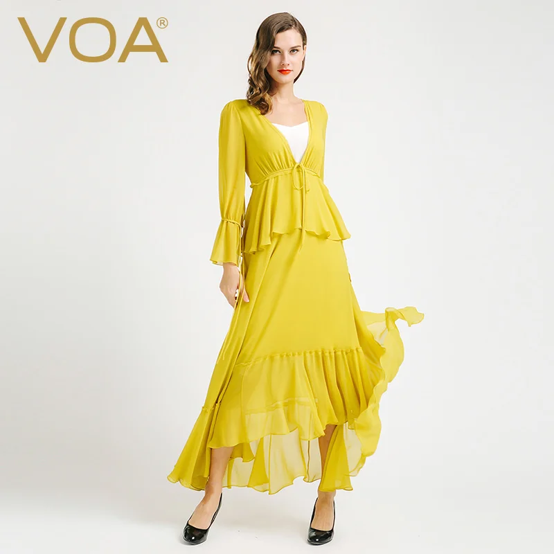 VOA Silk Swing Layered Dress Sexy Deep V Neck Flare Sleeve Tassel Ribbons Long Dresses Women