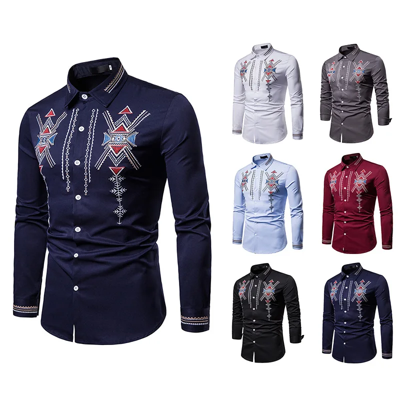 

African Embroidery Dashiki Shirt Men Slim Long Sleeve Chemise Homme Ethnic Totem Design Mens Dress Shirts Wedding Party Camisas