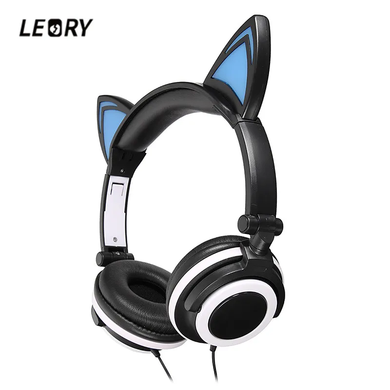 LEORY New Foldable Flashing Glowing Headphones Cat Ear Gaming Headset