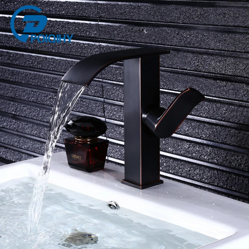 

Oil Rubbed Bronze Basin Faucet Waterfall Single Handle Vanity Sink Mixer Taps Deck Mounted Basin Bathroom Faucet